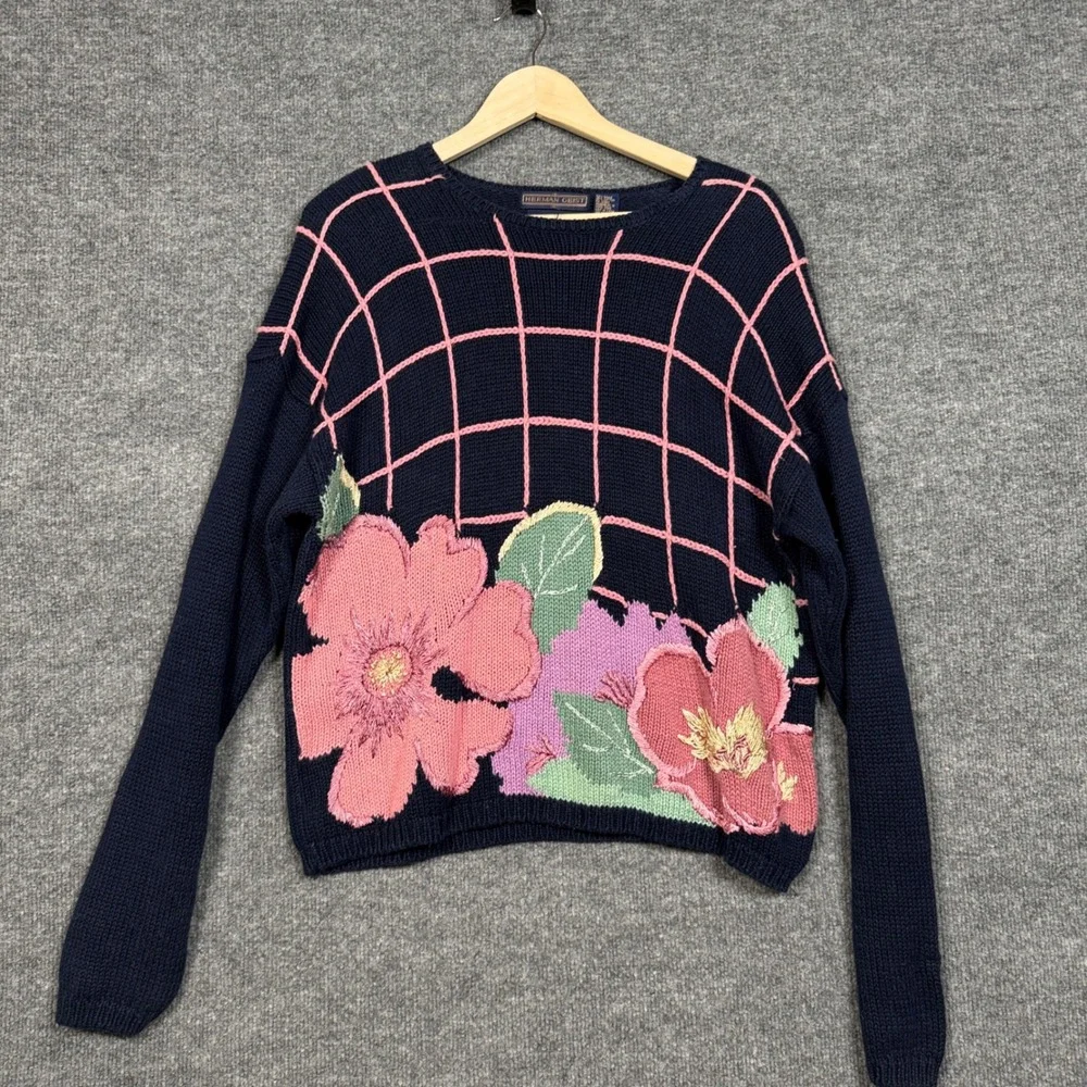 Vtg Herman Geist XL Sweater Black Pink Ramie Cotton Embroidered Flower Grandma